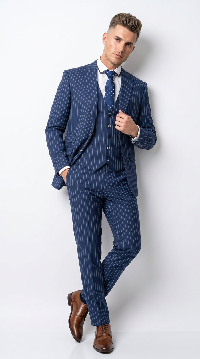 Men’s Navy Blue Vested Bold Gangster Pinstripe Suit, 3 Piece Formal 1920s Dress Suit