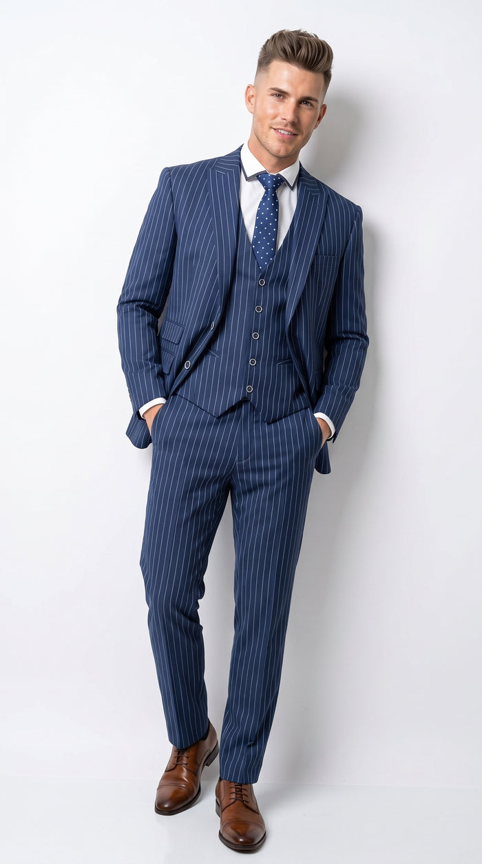 Men’s Navy Blue Vested Bold Gangster Pinstripe Suit, 3 Piece Formal 1920s Dress Suit