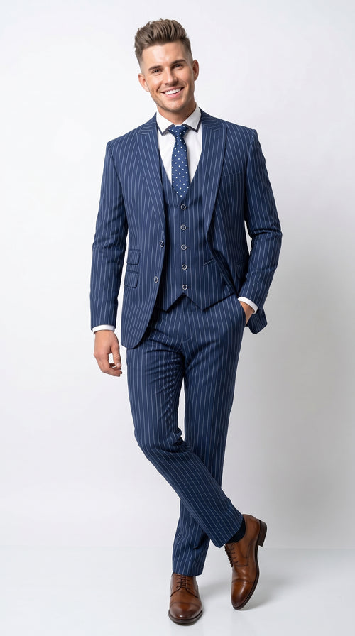 Men’s Navy Blue Vested Bold Gangster Pinstripe Suit, 3 Piece Formal 1920s Dress Suit