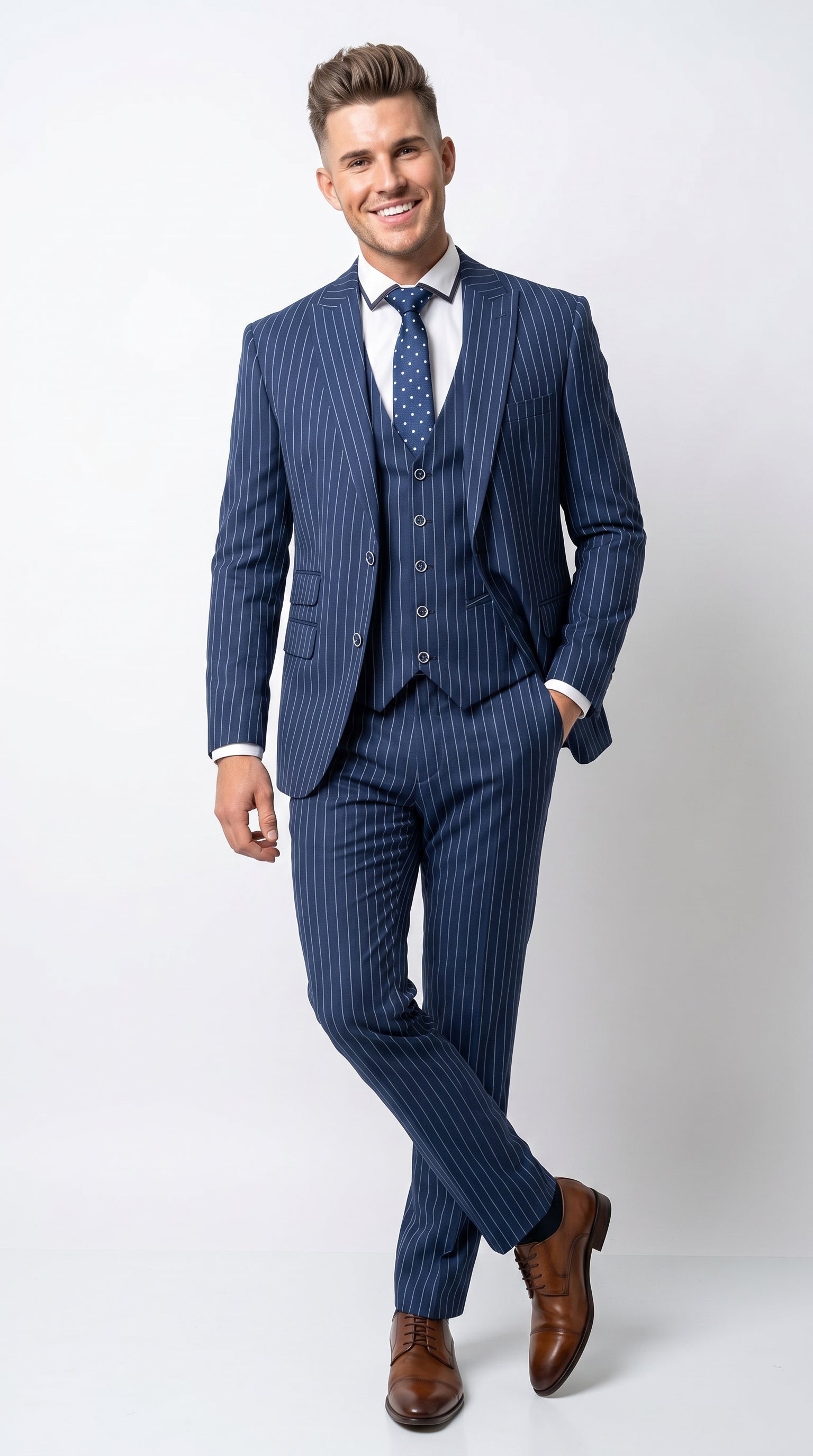 Men’s Navy Blue Vested Bold Gangster Pinstripe Suit, 3 Piece Formal 1920s Dress Suit