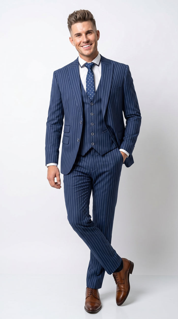 Men’s Navy Blue Vested Bold Gangster Pinstripe Suit, 3 Piece Formal 1920s Dress Suit