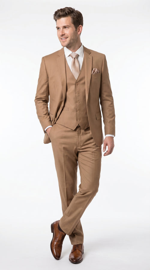 Men’s Caramel 2 Button Modern Fit Vested Wool Suit, Formal Wedding Business Dress Suit
