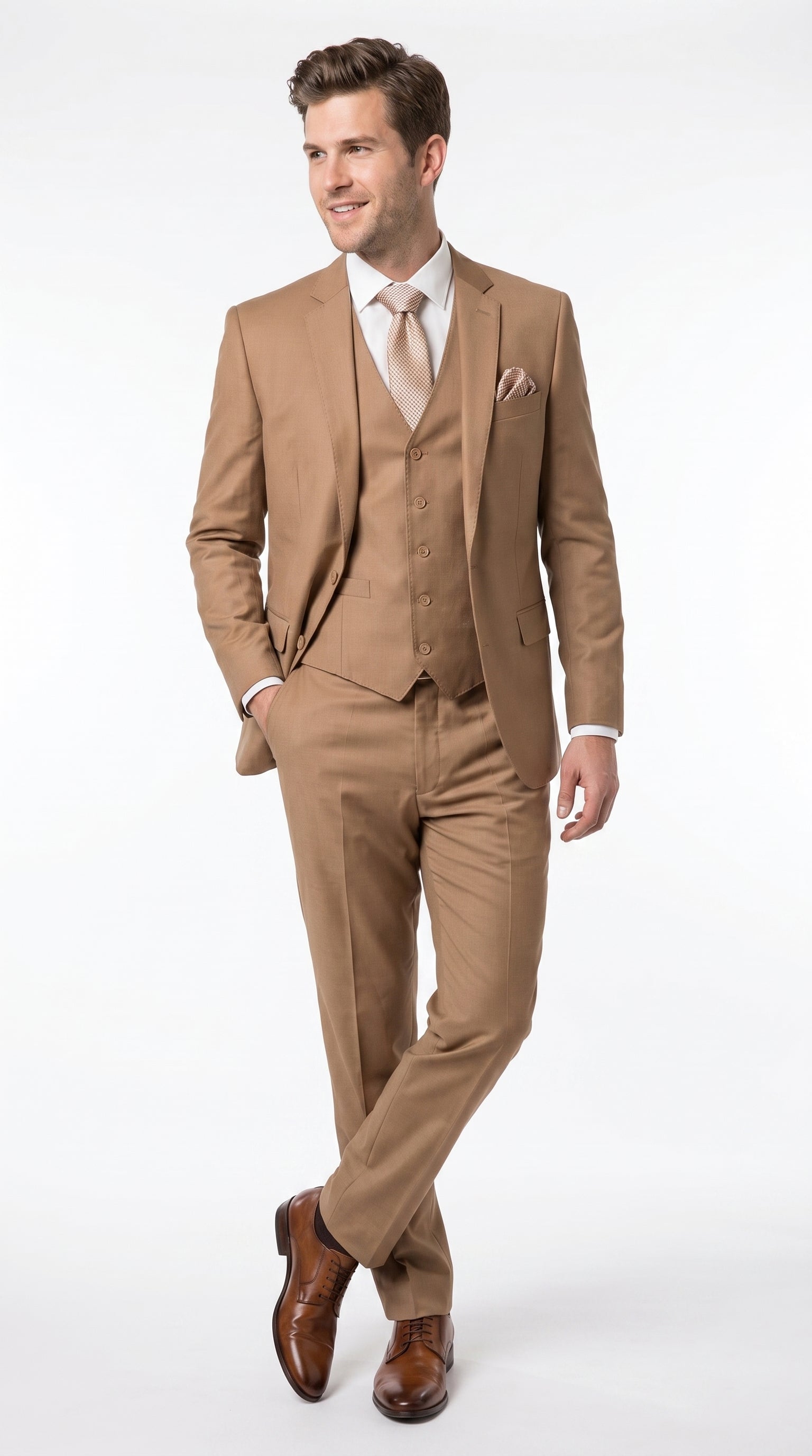 Men’s Caramel 2 Button Modern Fit Vested Wool Suit, Formal Wedding Business Dress Suit