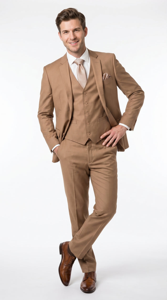 Men’s Caramel 2 Button Modern Fit Vested Wool Suit, Formal Wedding Business Dress Suit