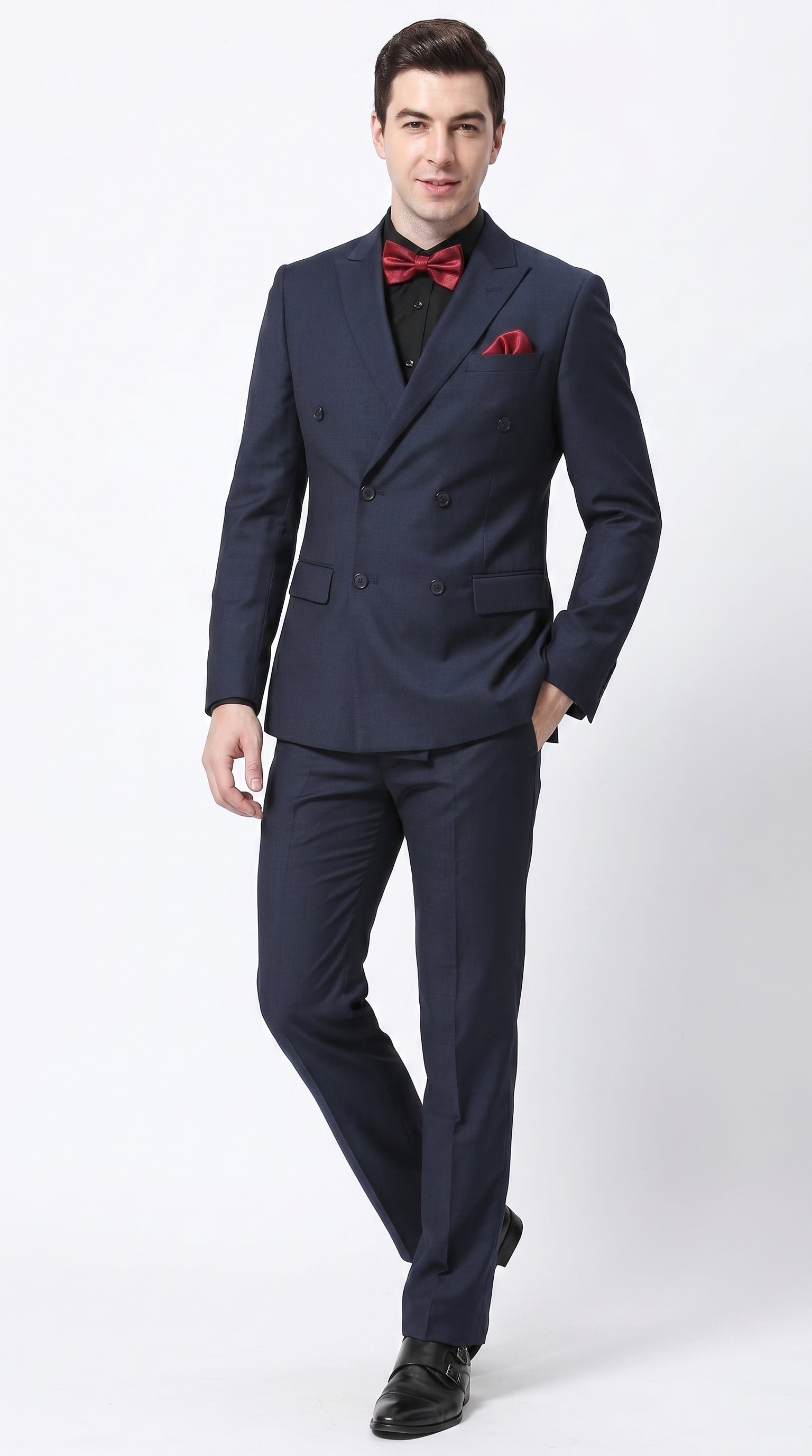 Men’s Navy Ultra Slim Fit Double Breasted Suit with Narrow Leg Pants, Tapered Jacket Formal Suit