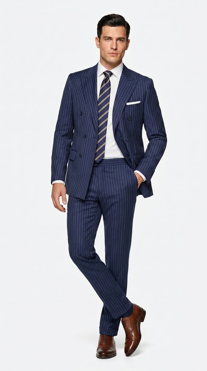 Men’s Navy Blue Double Breasted Pinstripe Suit, 100% Wool Formal Dress Suit