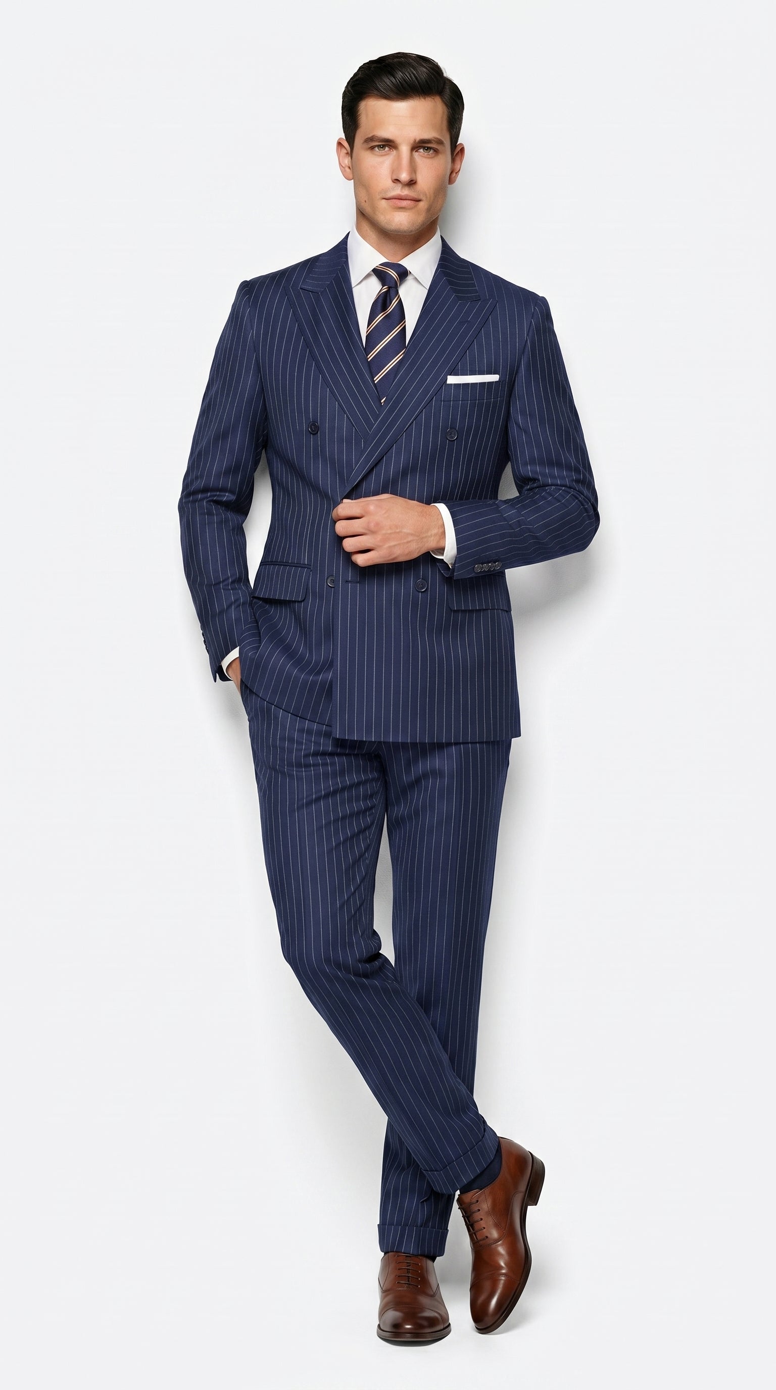 Men’s Navy Blue Double Breasted Pinstripe Suit, 100% Wool Formal Dress Suit