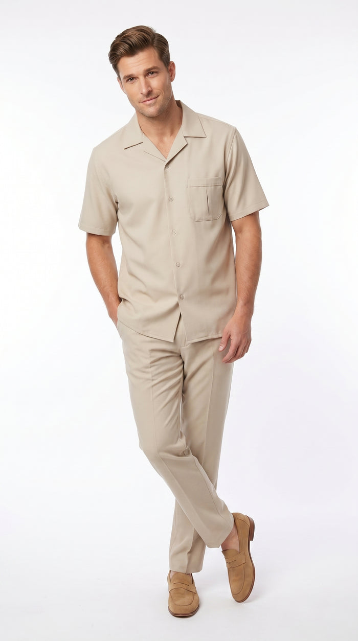 Men’s Big and Tall Cream Walking Suit, Short Sleeve Shirt and Matching Pants 4XL 5XL 6XL 7XL 8XL