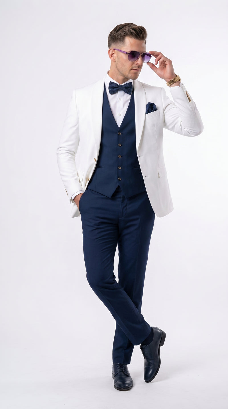 Men’s White and Navy Blue Wedding Suit, White Dinner Jacket with Navy Vest, Pants and Bow Tie