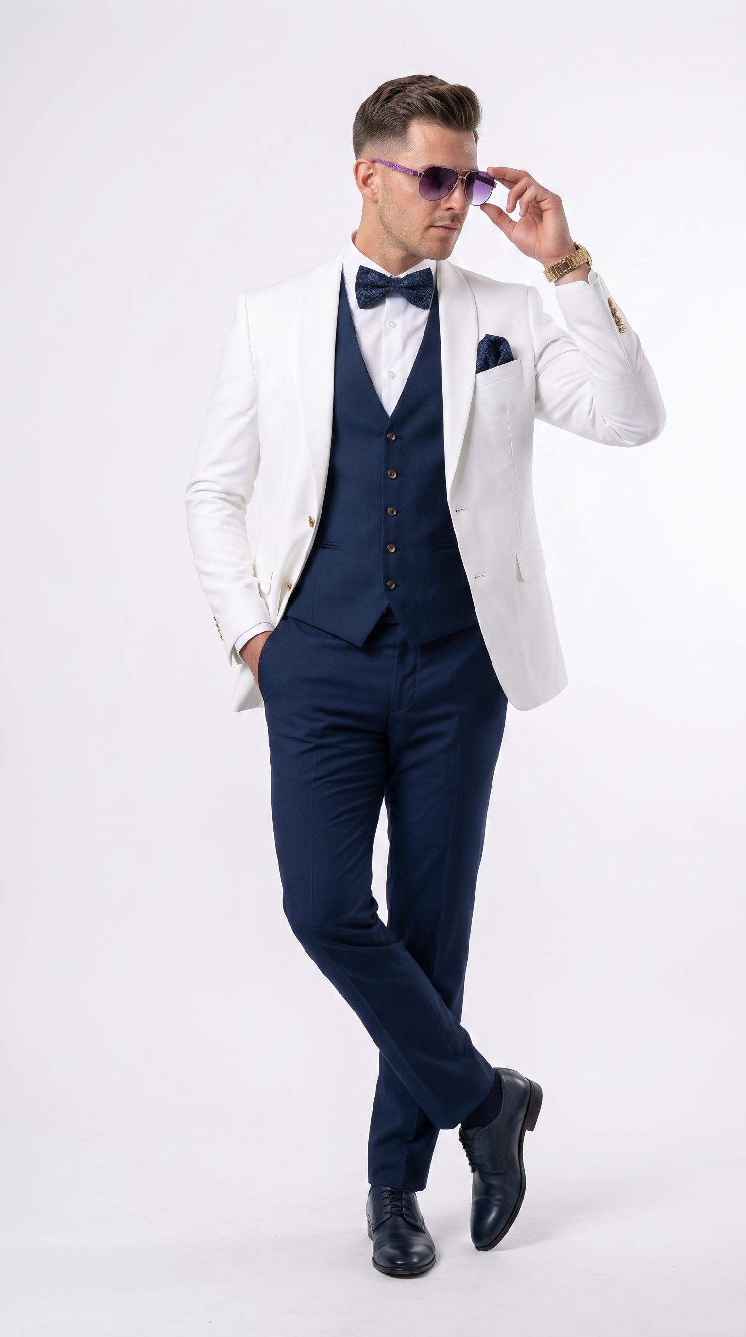 Men’s White and Navy Blue Wedding Suit, White Dinner Jacket with Navy Vest, Pants and Bow Tie