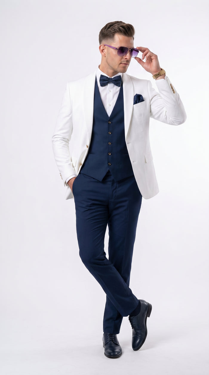 Men’s White and Navy Blue Wedding Suit, White Dinner Jacket with Navy Vest, Pants and Bow Tie