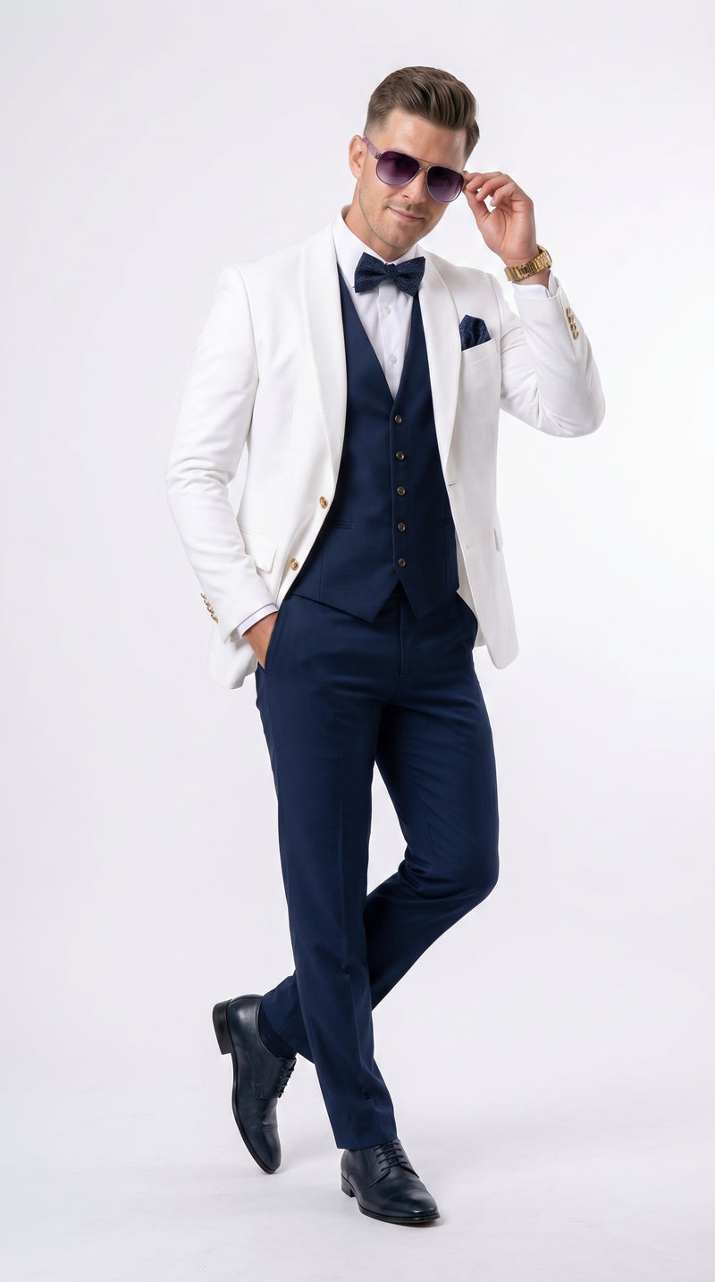 Men’s White and Navy Blue Wedding Suit, White Dinner Jacket with Navy Vest, Pants and Bow Tie