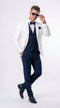 Men’s White and Navy Blue Wedding Suit, White Dinner Jacket with Navy Vest, Pants and Bow Tie