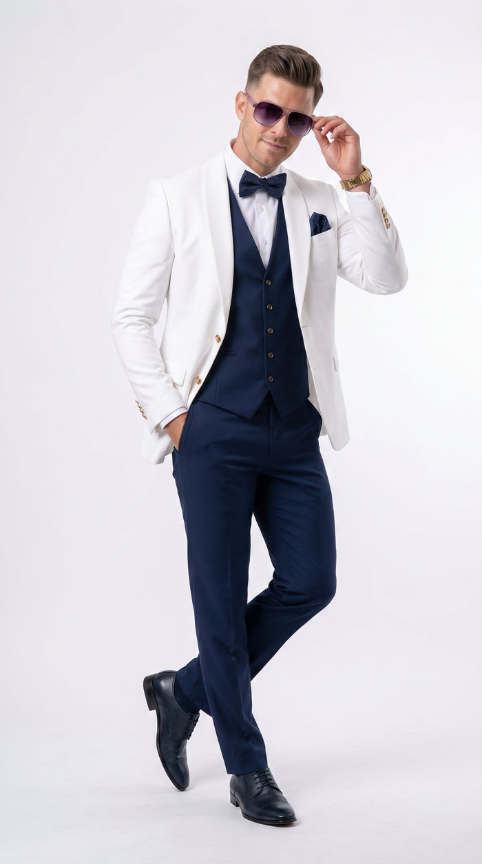Men’s White and Navy Blue Wedding Suit, White Dinner Jacket with Navy Vest, Pants and Bow Tie