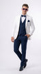 Men’s White and Navy Blue Wedding Suit, White Dinner Jacket with Navy Vest, Pants and Bow Tie