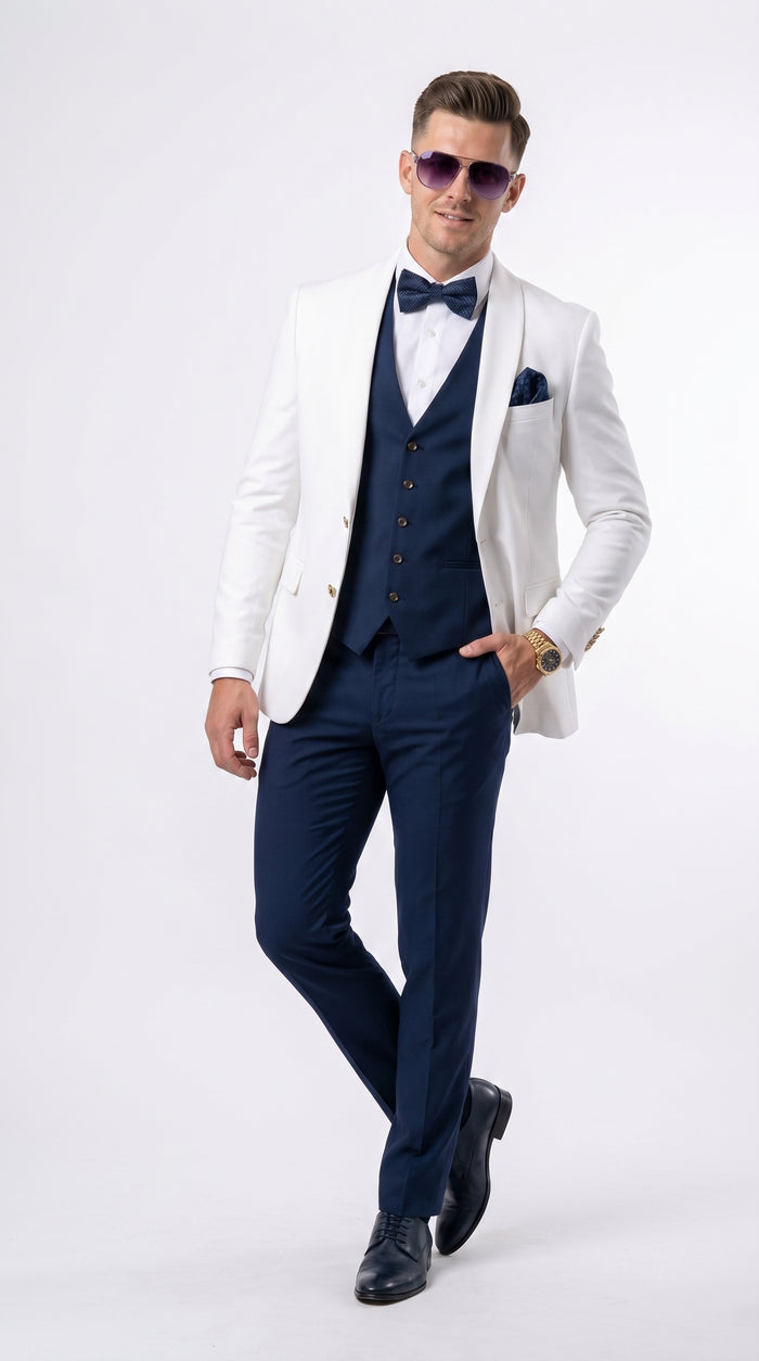 Men’s White and Navy Blue Wedding Suit, White Dinner Jacket with Navy Vest, Pants and Bow Tie