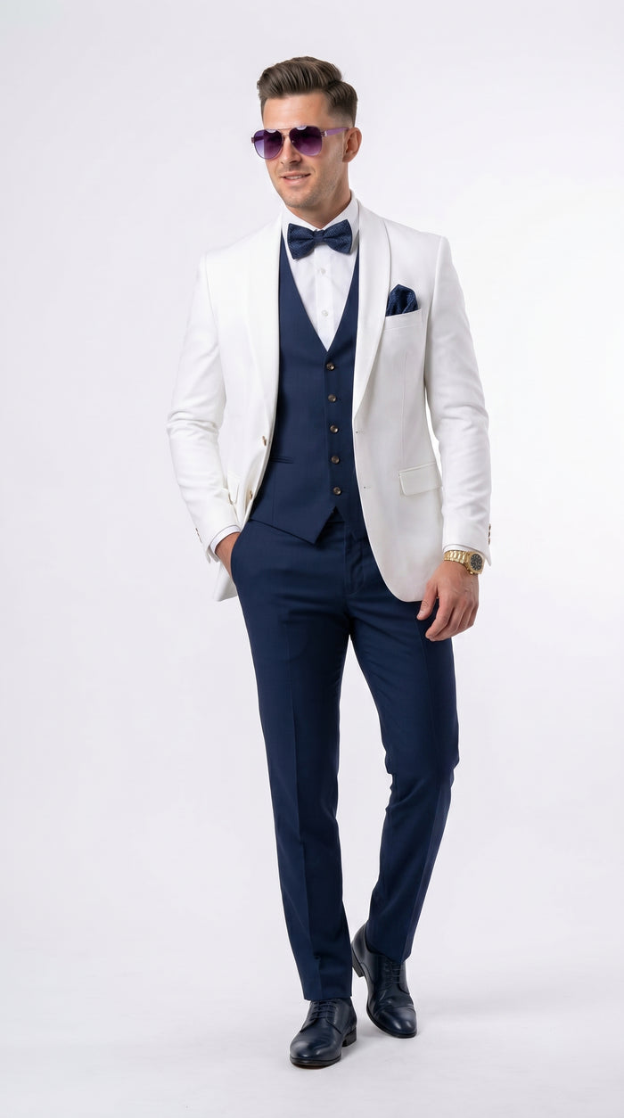 Men’s White and Navy Blue Wedding Suit, White Dinner Jacket with Navy Vest, Pants and Bow Tie