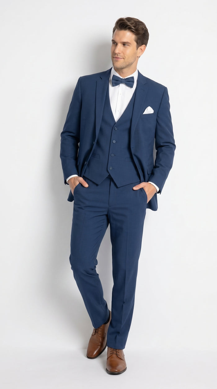 Men’s French Blue Tuxedo Suit with Matching Vest, Bow Tie and Satin Collar