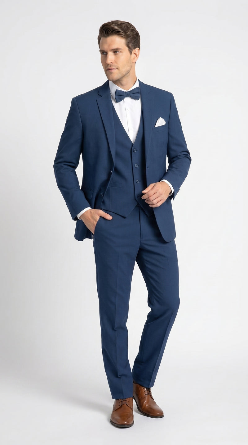 Men’s French Blue Tuxedo Suit with Matching Vest, Bow Tie and Satin Collar