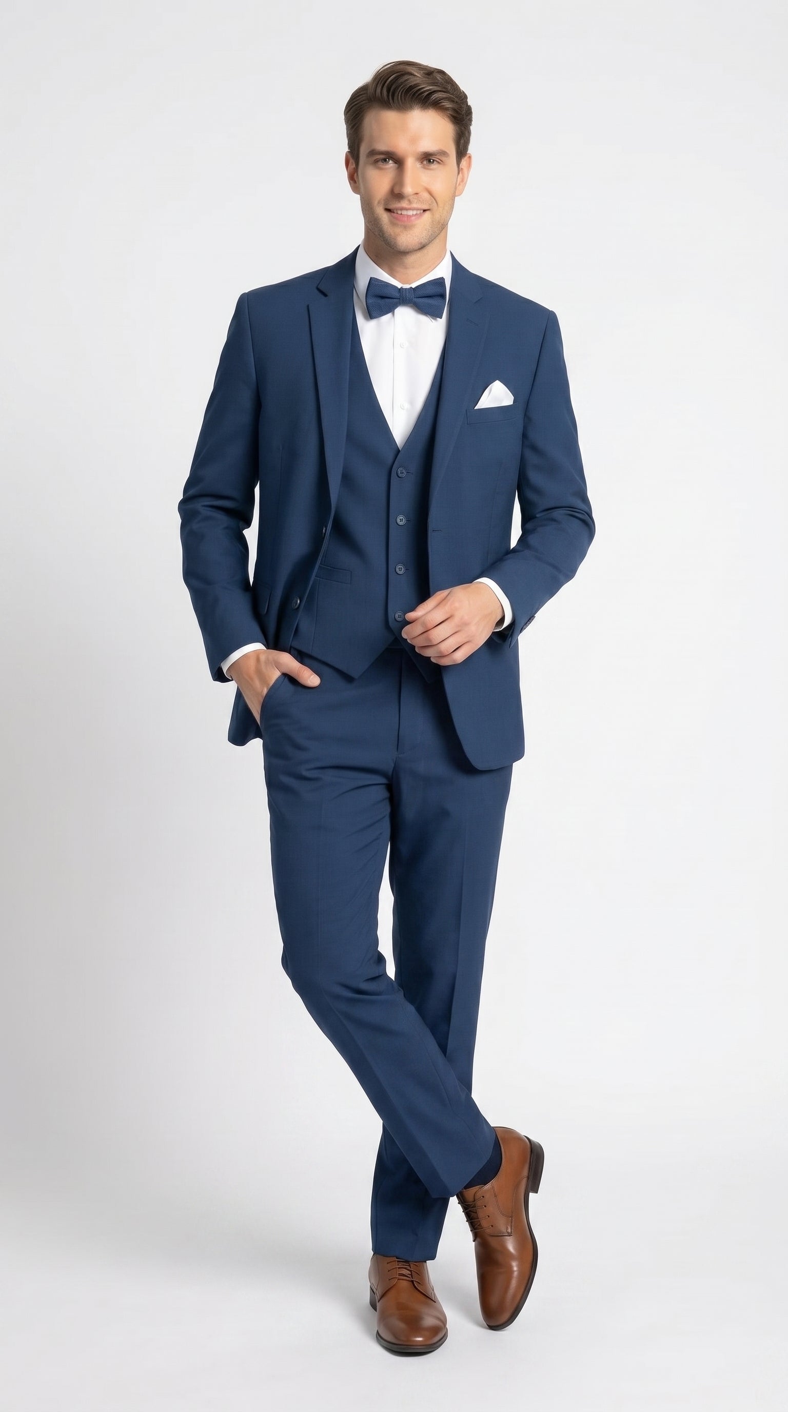 Men’s French Blue Tuxedo Suit with Matching Vest, Bow Tie and Satin Collar
