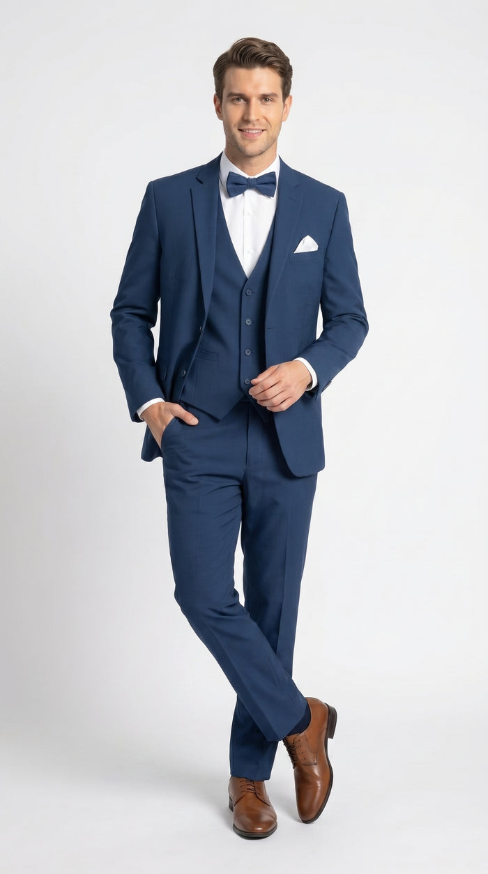 Men’s French Blue Tuxedo Suit with Matching Vest, Bow Tie and Satin Collar