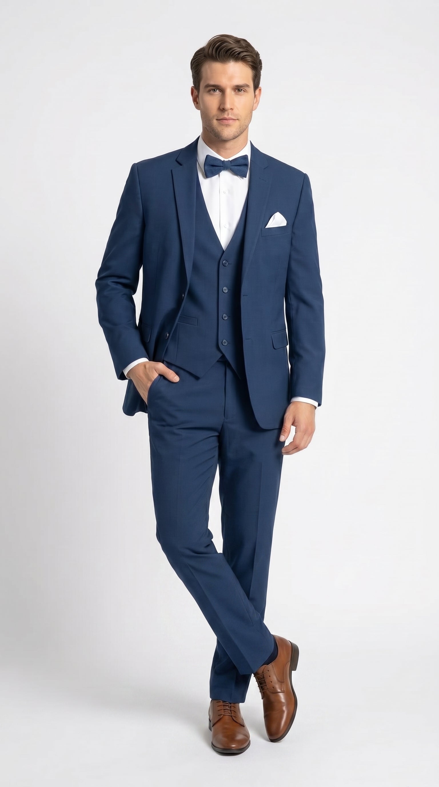 Men’s French Blue Tuxedo Suit with Matching Vest, Bow Tie and Satin Collar