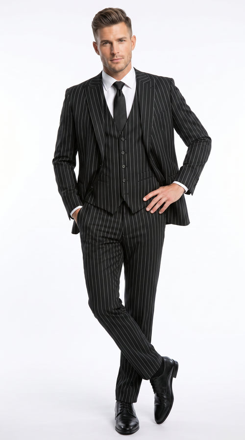 Men’s Black 2 Button Gangster Pinstripe Suit with Vest, Mobster Mafia Style Formal Suit