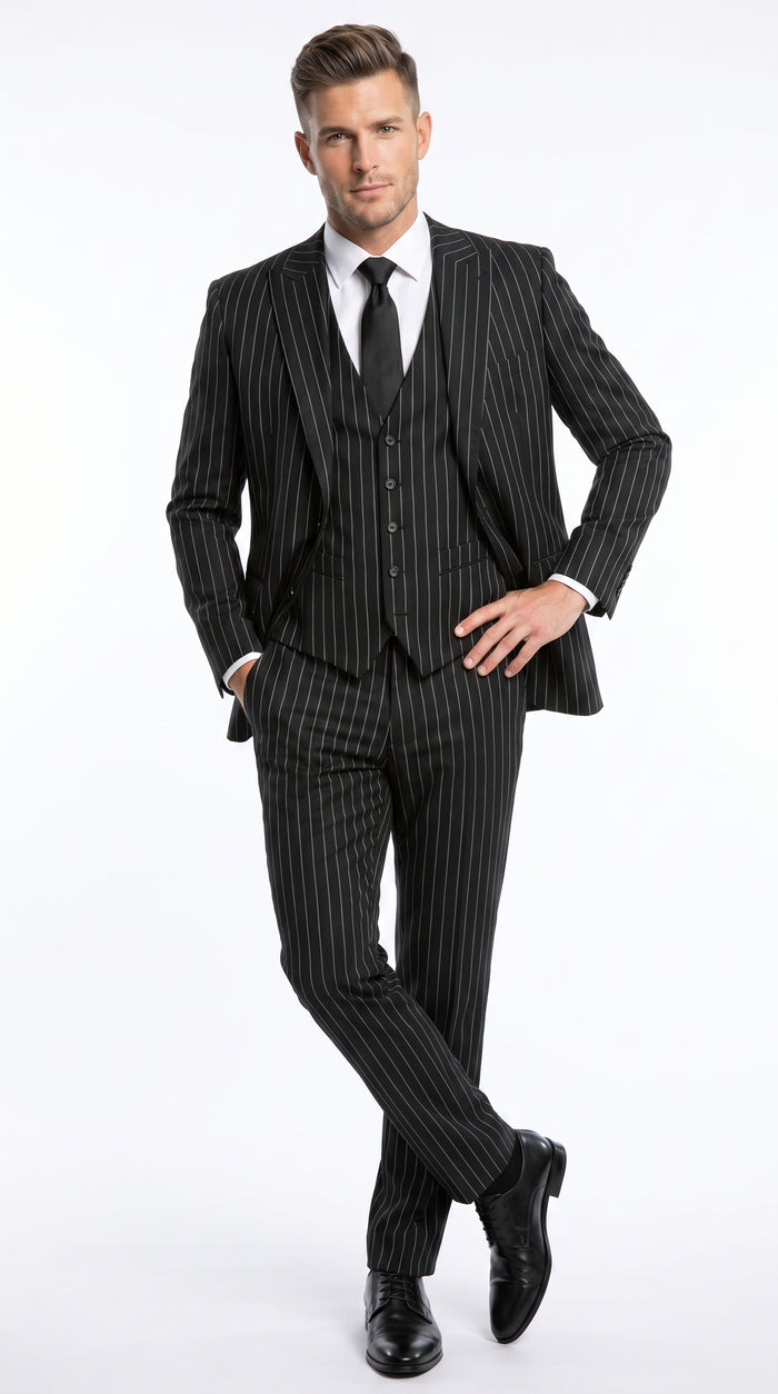 Men’s Black 2 Button Gangster Pinstripe Suit with Vest, Mobster Mafia Style Formal Suit