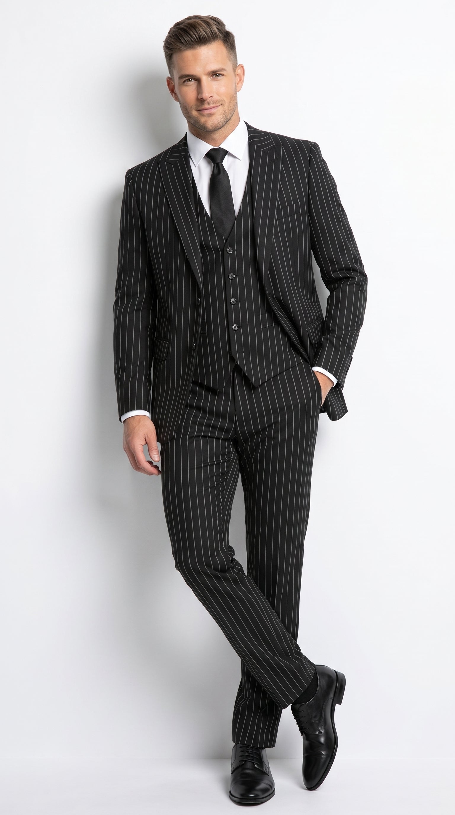 Men’s Black 2 Button Gangster Pinstripe Suit with Vest, Mobster Mafia Style Formal Suit