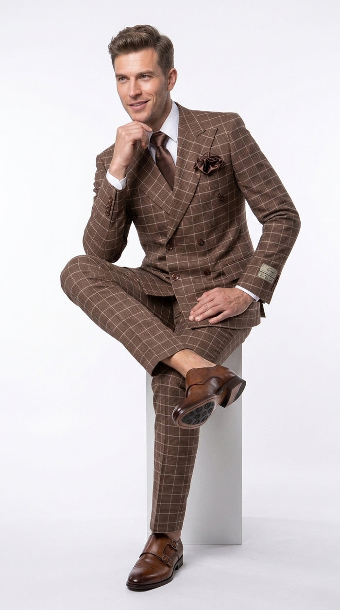 Rossi Man Arthur RM2317 Men’s Brown Windowpane Double Breasted Suit, Formal Dress Suit