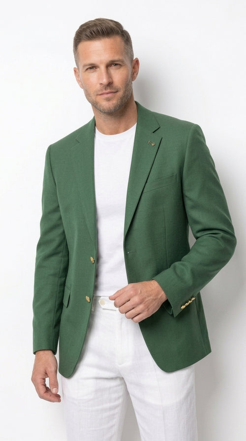 Men’s Green Blazer with Gold Buttons, Four Button Sleeve Dress Casual Sport Coat
