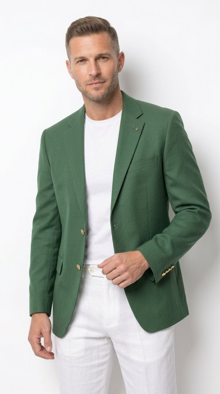 Men’s Green Blazer with Gold Buttons, Four Button Sleeve Dress Casual Sport Coat