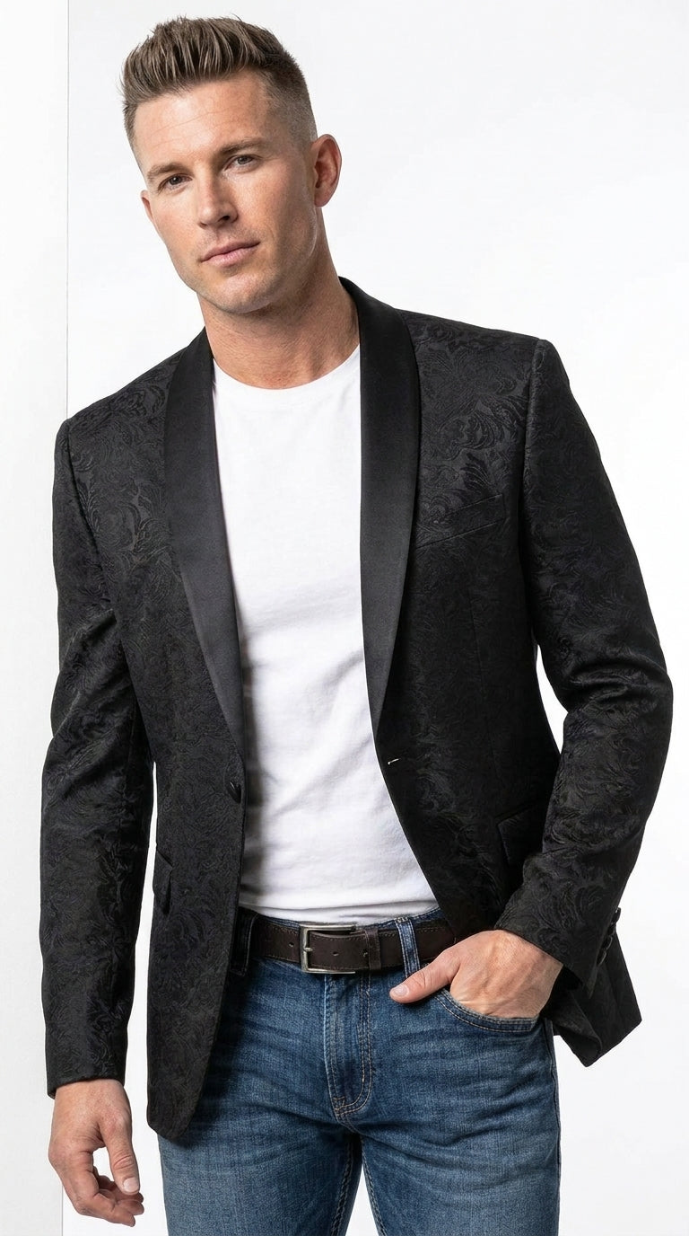 Men’s Black Paisley Jacquard Western Blazer with Satin Shawl Lapel, Formal Designer Sport Coat