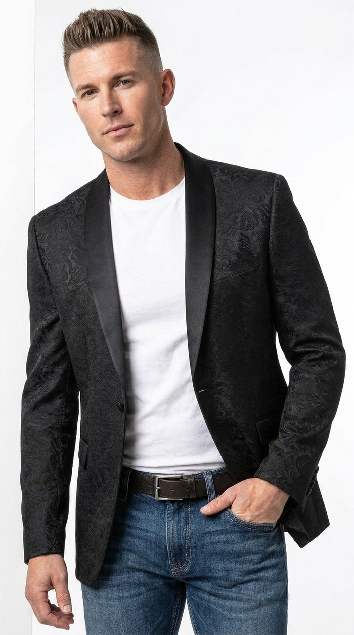 Men’s Black Paisley Jacquard Western Blazer with Satin Shawl Lapel, Formal Designer Sport Coat