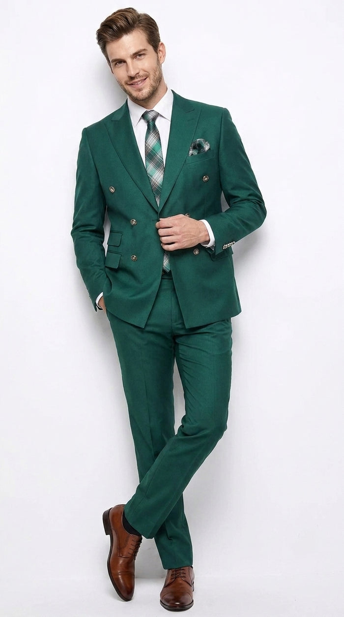 Men’s Hunter Green Double Breasted Wool Suit with Gold Buttons, Modern Fit Formal Wedding Suit