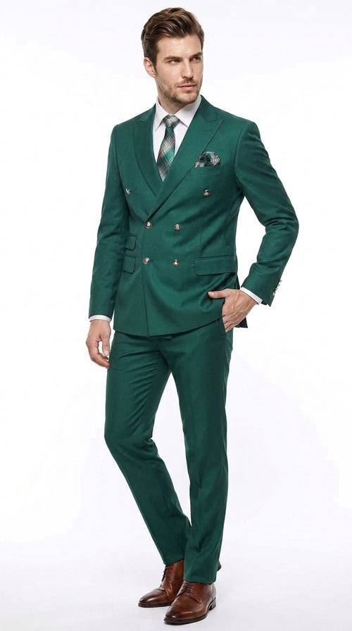 Men’s Hunter Green Double Breasted Wool Suit with Gold Buttons, Modern Fit Formal Wedding Suit