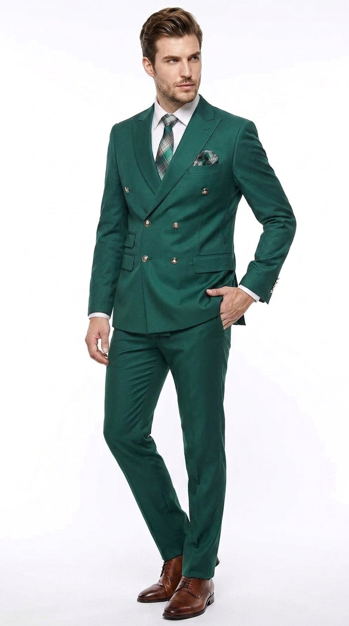 Men’s Hunter Green Double Breasted Wool Suit with Gold Buttons, Modern Fit Formal Wedding Suit