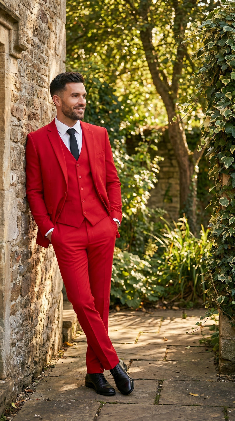 Men’s Red 3 Piece Suit with Jacket, Vest and Pants, Formal Wedding Prom Dress Suit