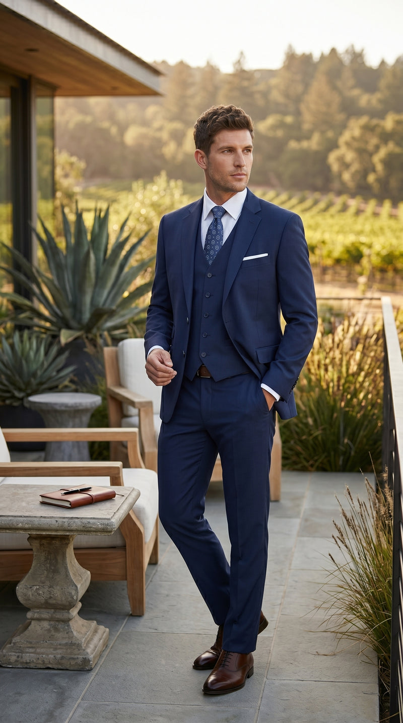 Statement Men’s Solid Sapphire 100% Wool Vested Suit, Formal Wedding Business 3 Piece Suit Set
