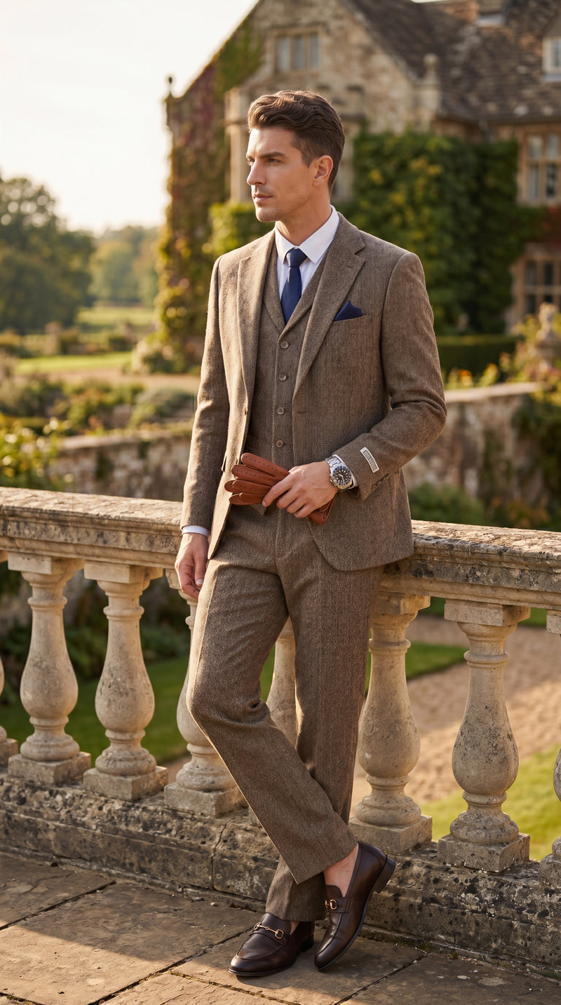 Stacy Adams Men’s Herringbone 3 Piece Hybrid Fit Suit, Formal Wedding Business Suit in Brown and Gray