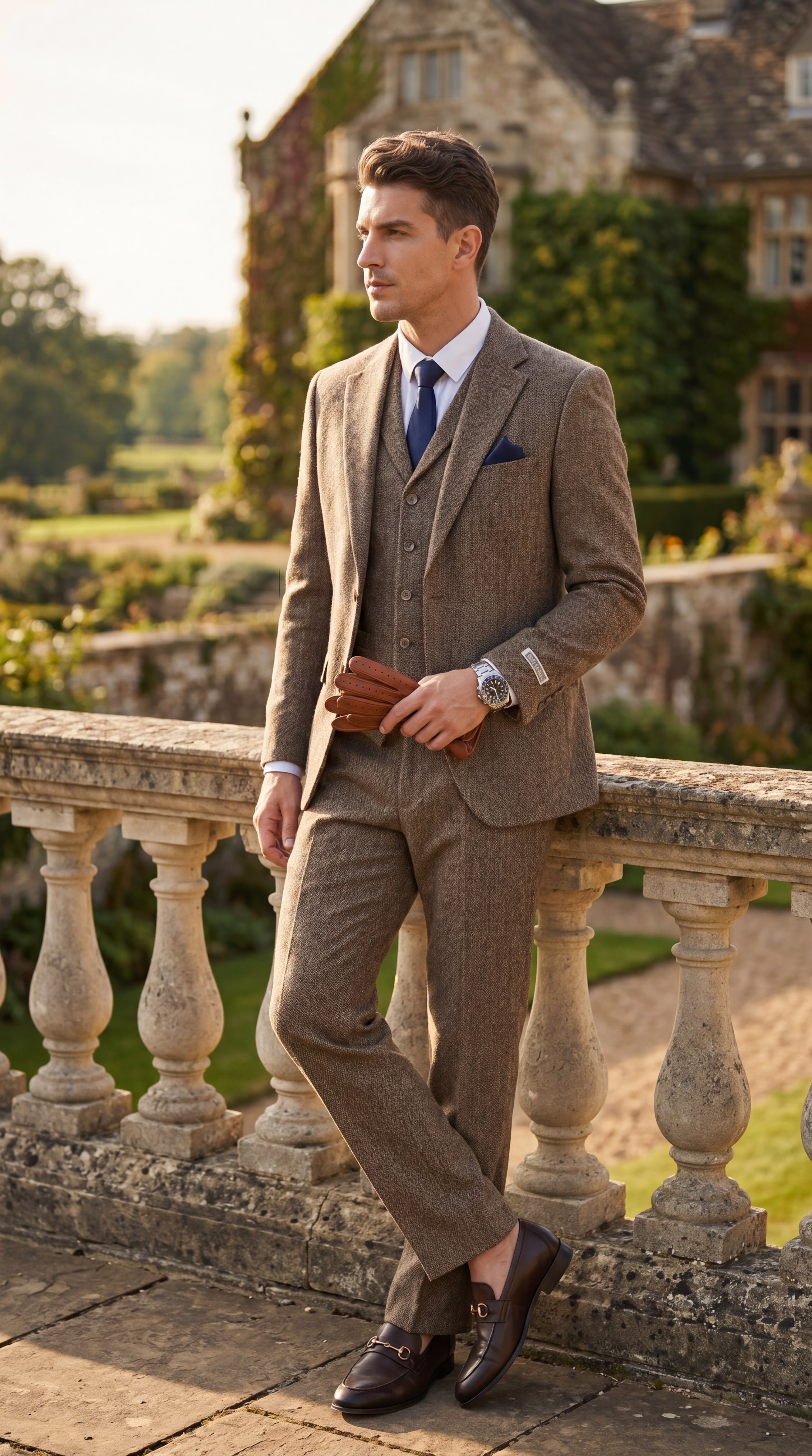 Stacy Adams Men’s Herringbone 3 Piece Hybrid Fit Suit, Formal Wedding Business Suit in Brown and Gray