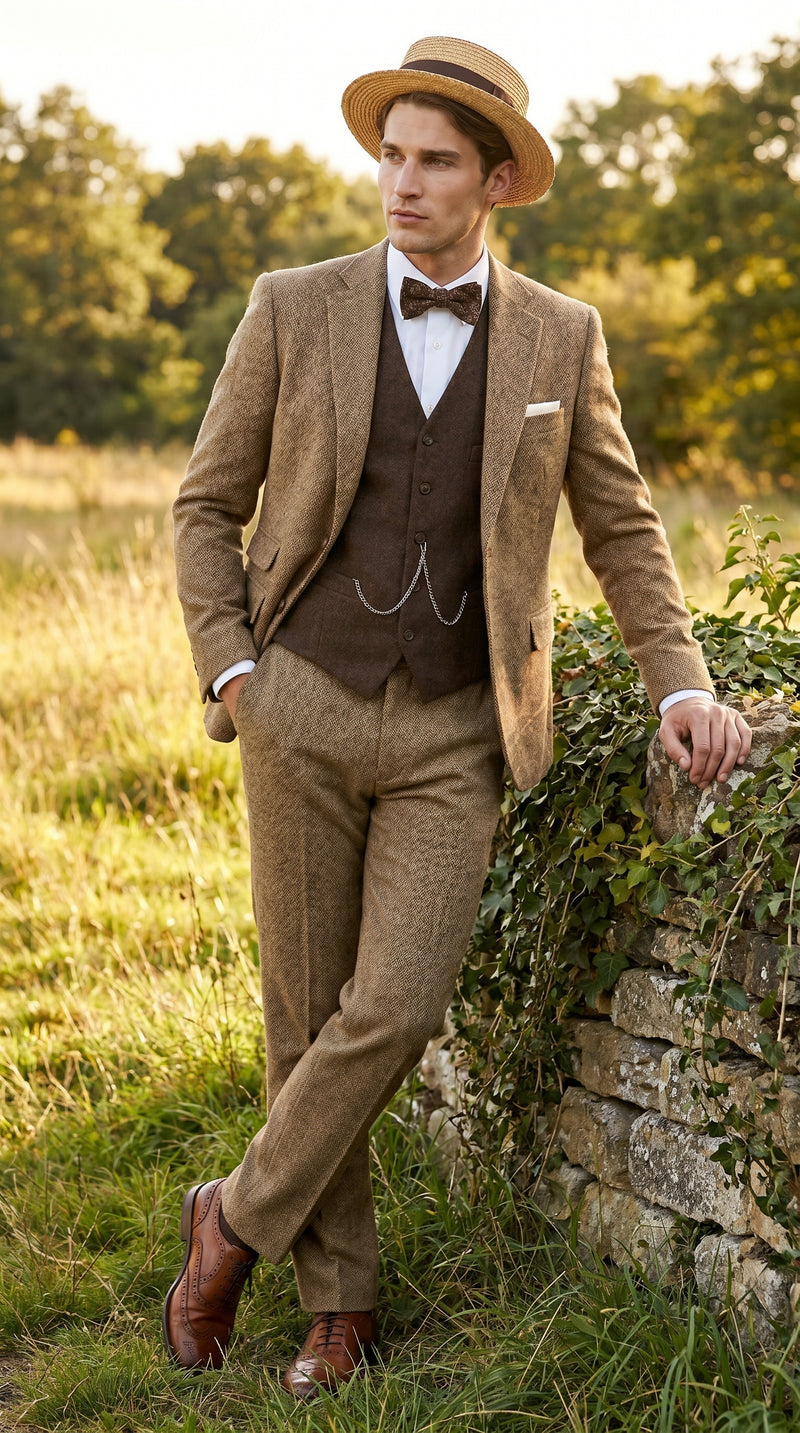 Men’s Camel Pocket Suit with Brown Vest, Vintage Inspired Formal Dress Outfit
