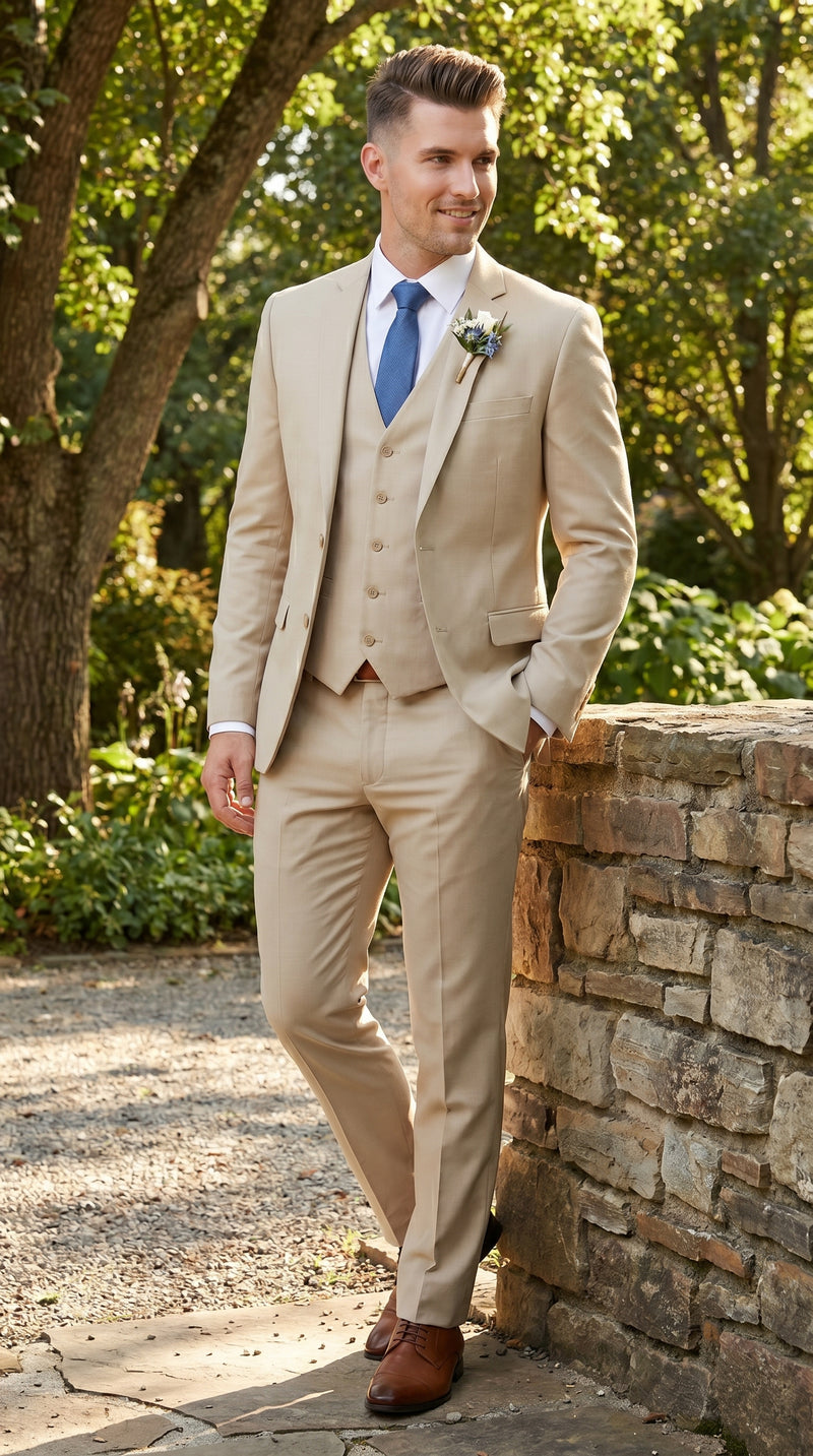 Men’s Tan Slim Fit 3 Piece Beach Wedding Suit with Vest, Summer Formal Dress Suit