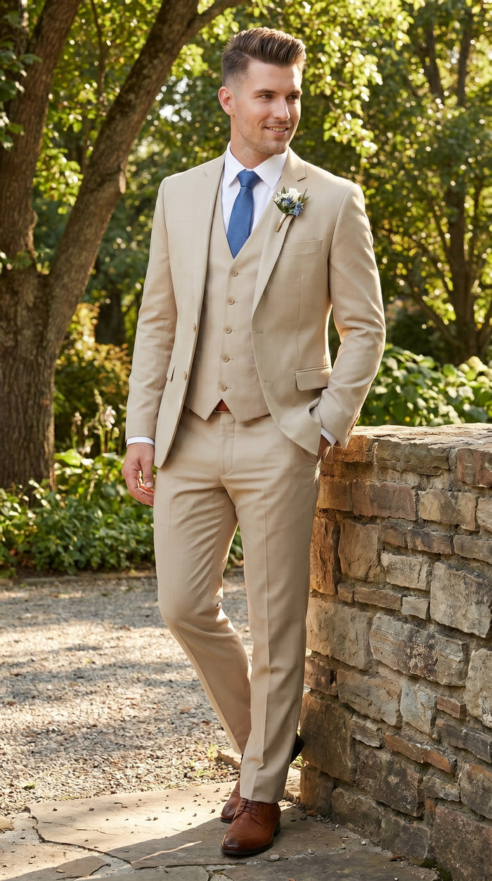 Men’s Tan Slim Fit 3 Piece Beach Wedding Suit with Vest, Summer Formal Dress Suit