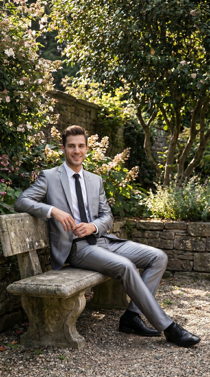 Men’s Silver Sharkskin 2 Piece Suit, Italian Styled Formal Wedding Prom Dress Suit