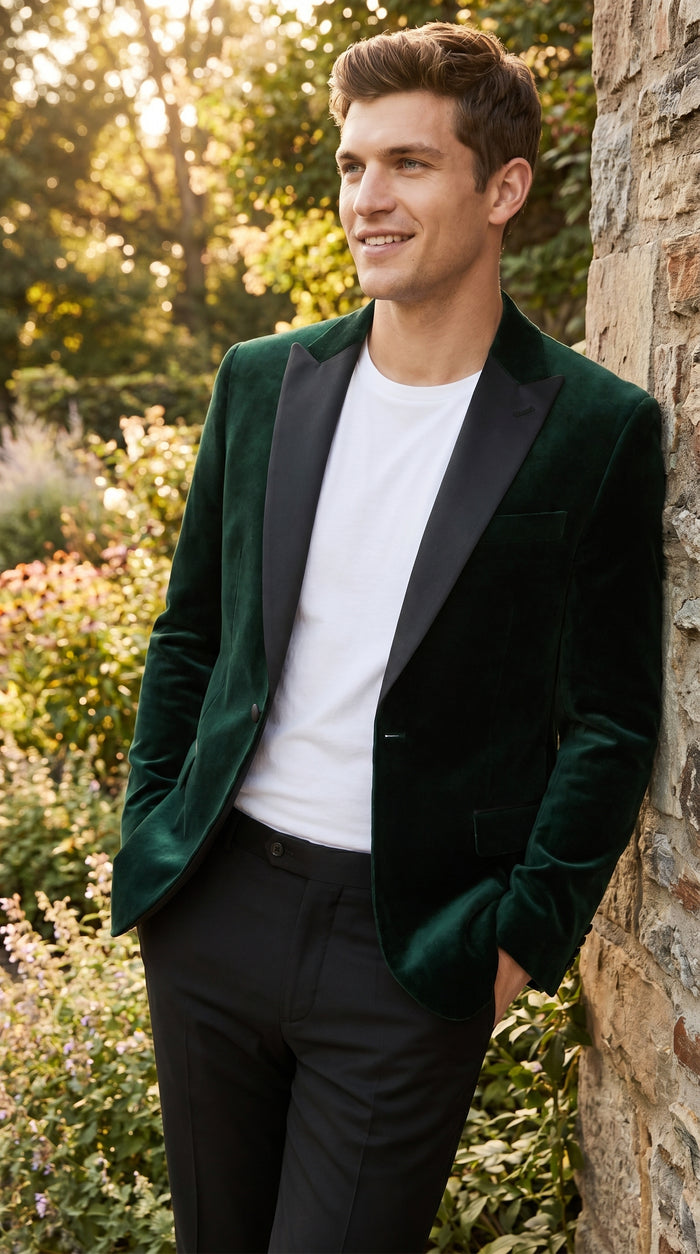 Men’s Olive Hunter Green Velvet Tuxedo Jacket with Black Satin Lapel, Formal Dinner Blazer