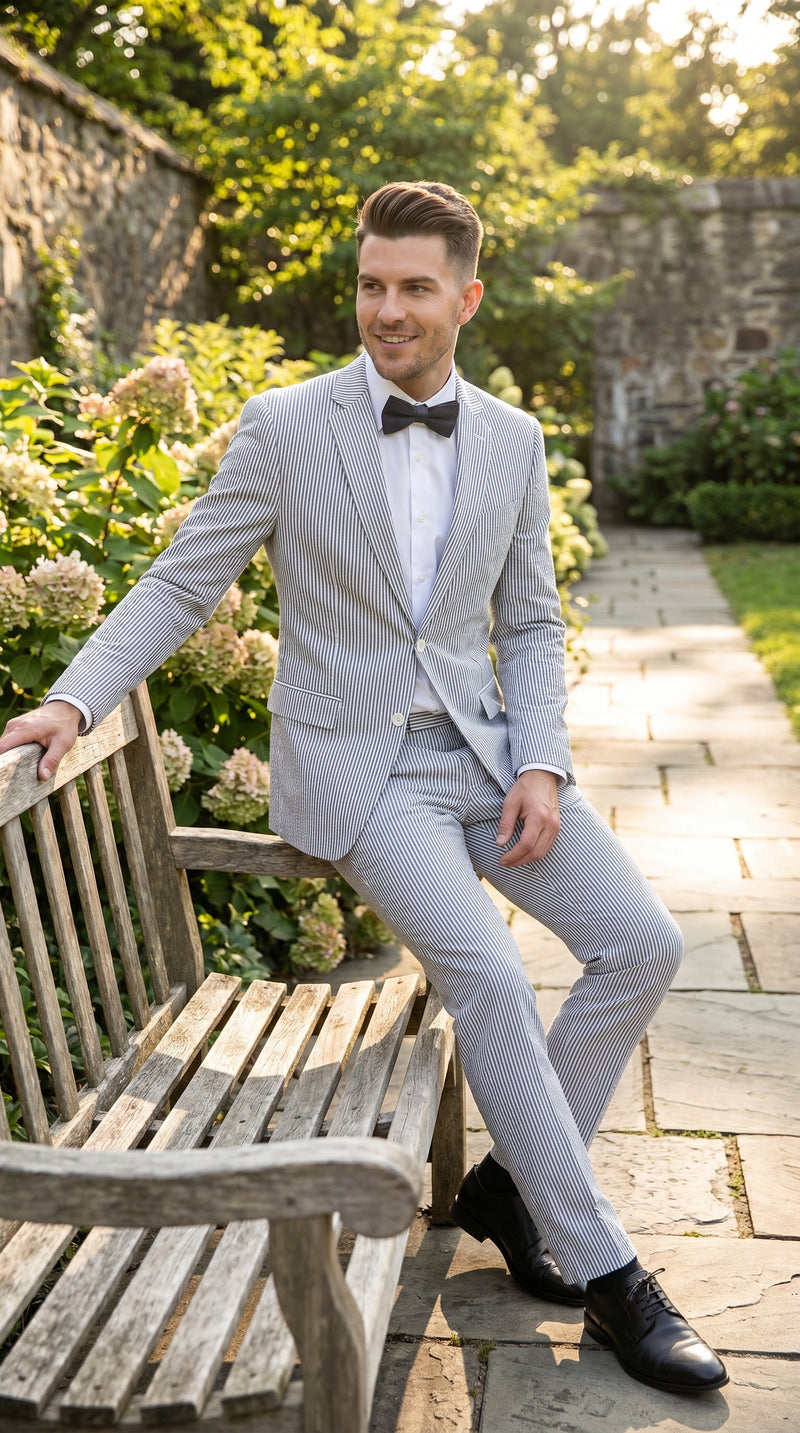 Men’s Gray Seersucker Suit, Lightweight Summer Wedding Prom Dress Suit
