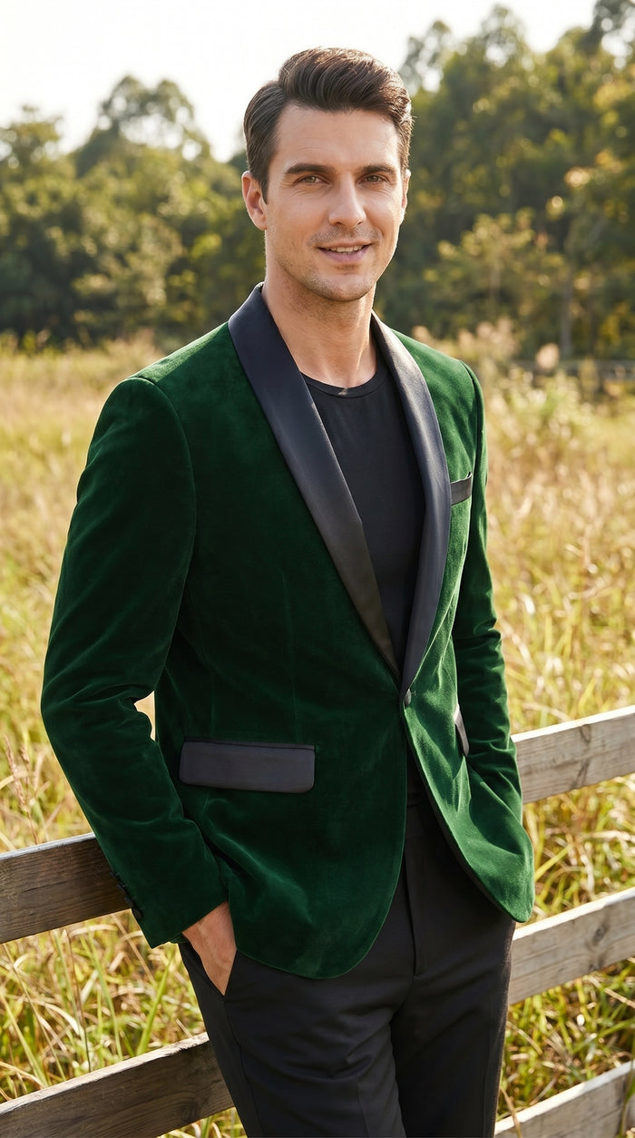 Men’s Emerald Green Velvet Blazer with Black Satin Shawl Lapel, Formal Dinner Jacket