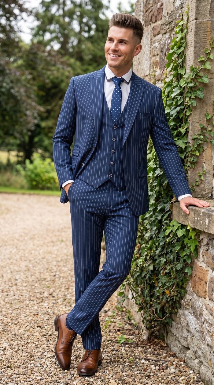 Men’s Navy Blue Vested Bold Gangster Pinstripe Suit, 3 Piece Formal 1920s Dress Suit