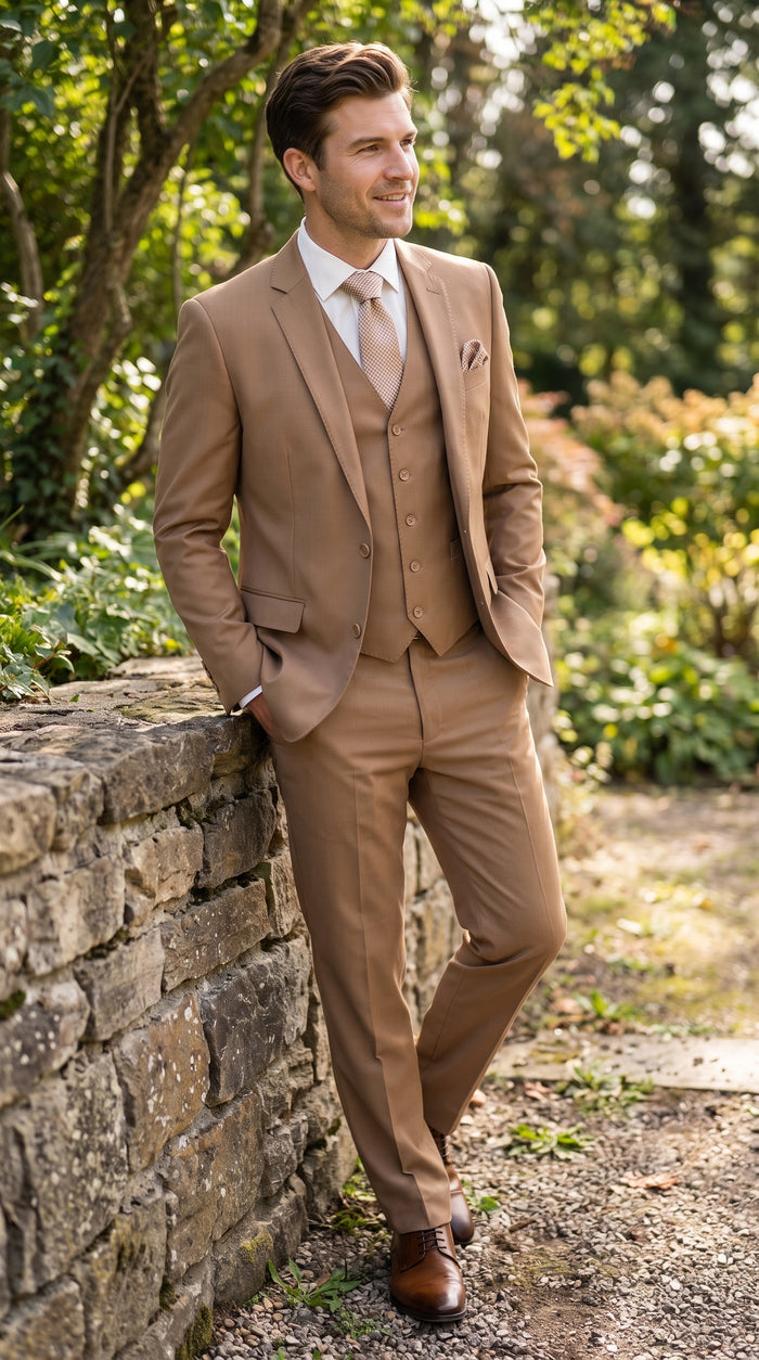 Men’s Caramel 2 Button Modern Fit Vested Wool Suit, Formal Wedding Business Dress Suit